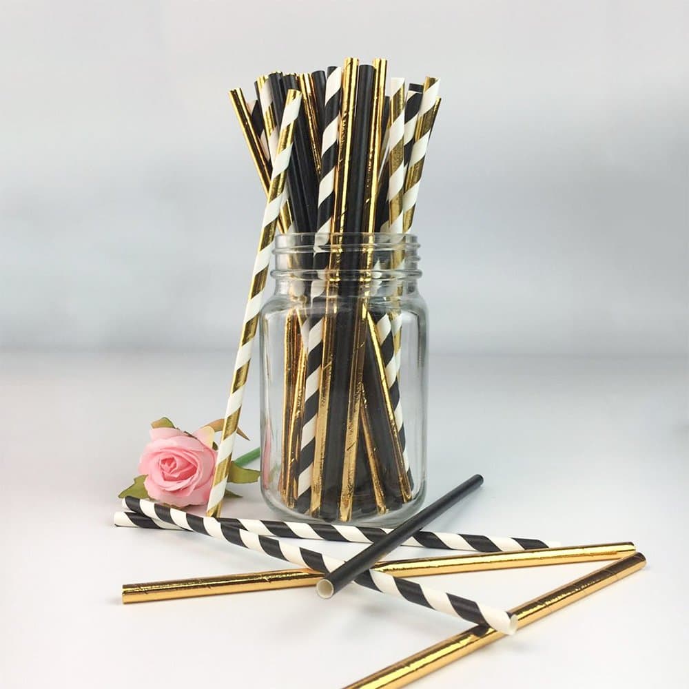 Biodegradable Stripe Straws Gold and Black Paper Drinking Straws for Party 100 Pcs 7.75 Inches for Adult and Kids