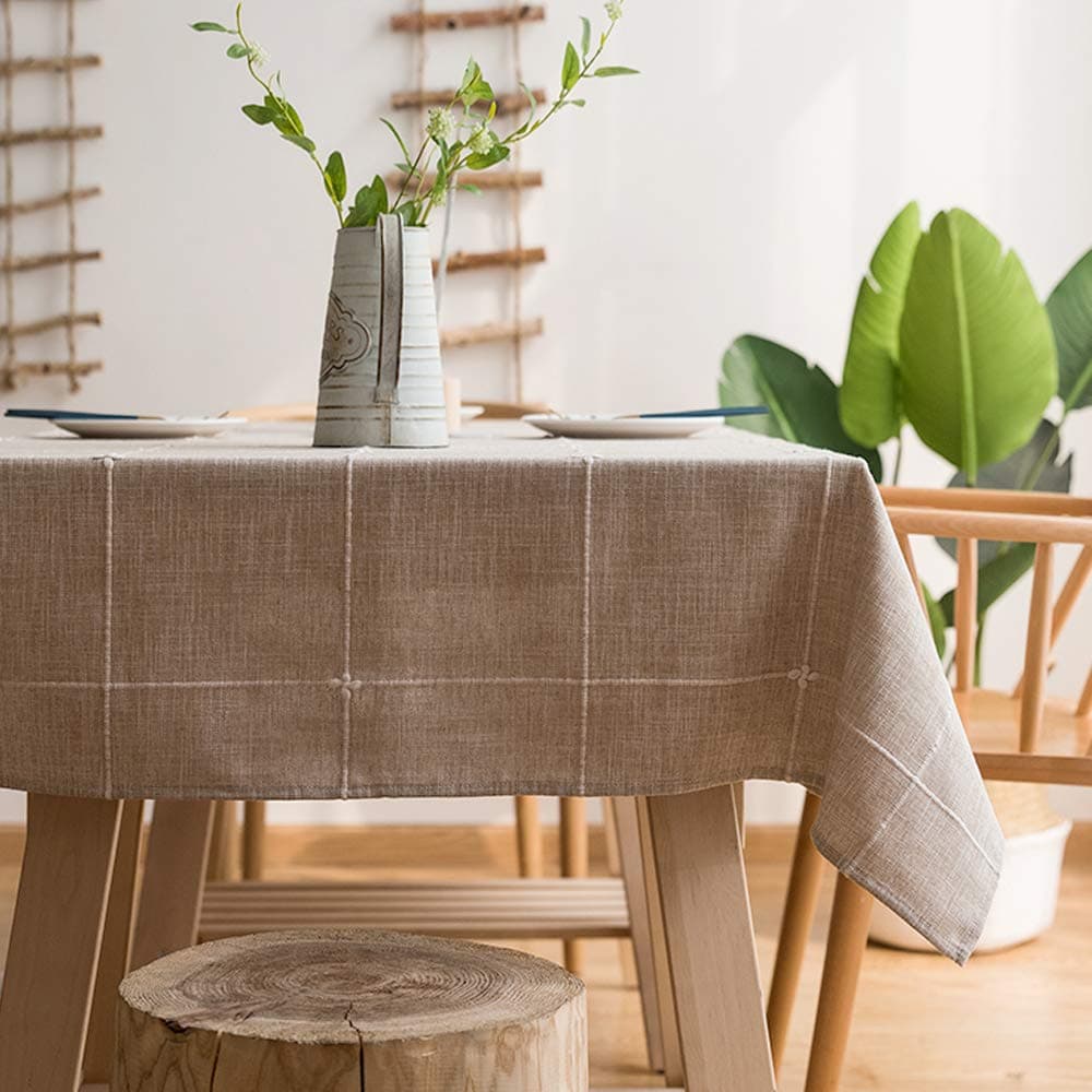 LINENLUXStriped Cotton Linen Tablecloth/Table Cover with Tassel Coffee Grid Rectangle/Oblong 53 X 86 in