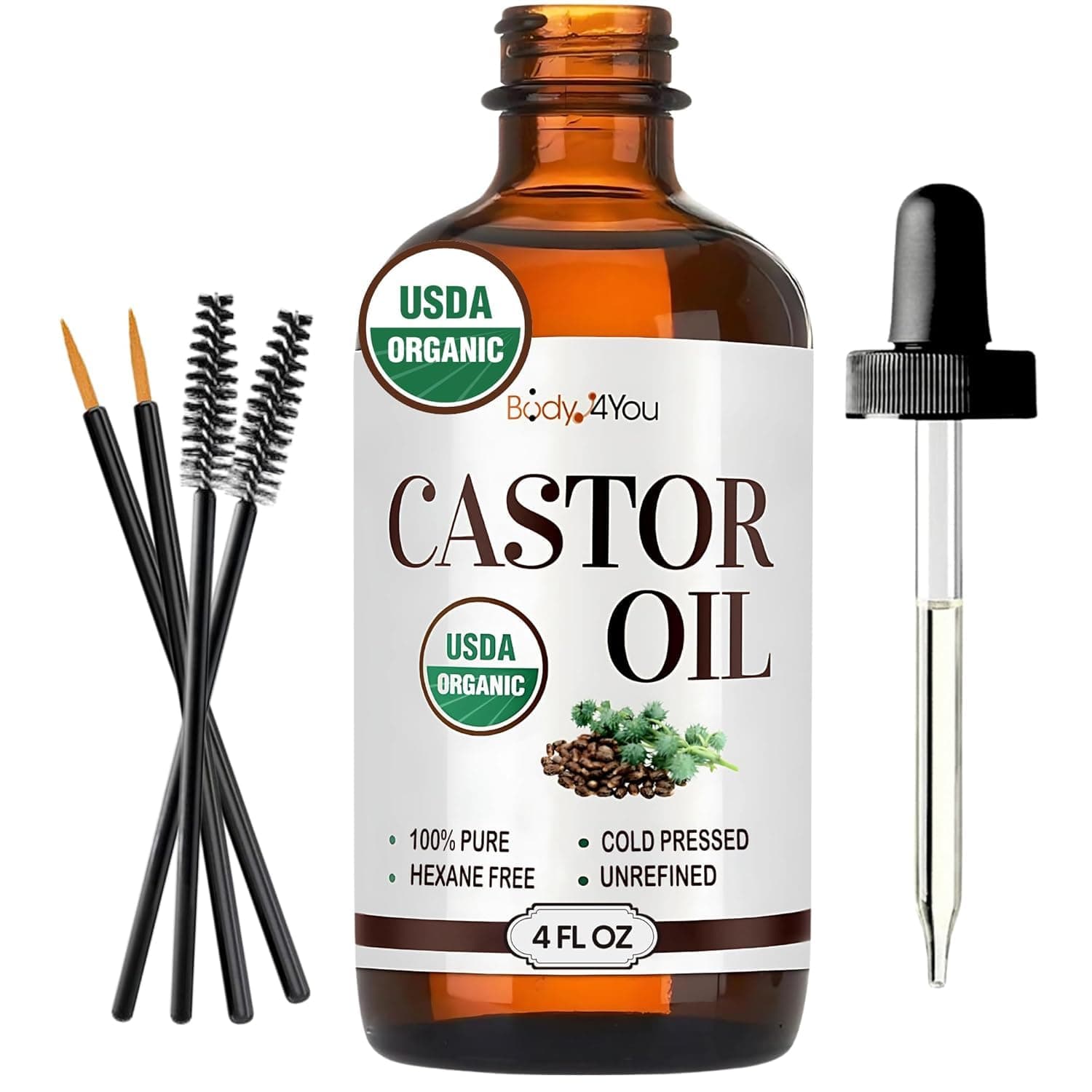 BodyJ4You Organic Castor Oil - 100% Pure Natural Cold Pressed USDA Certified Organic - Hexane Free Unrefined Non GMO - Lashes & Eyebrow Kit Mascara Tube Brush Wand Hydrating Oil - Glass Bottle 4oz