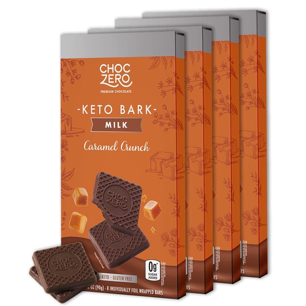 ChocZero Milk Chocolate Caramel Crunch Bark, No Added Sugar, Low Carb, High Fiber, Keto Friendly, No Sugar Alcohols (4 Count, 3.2oz Boxes)