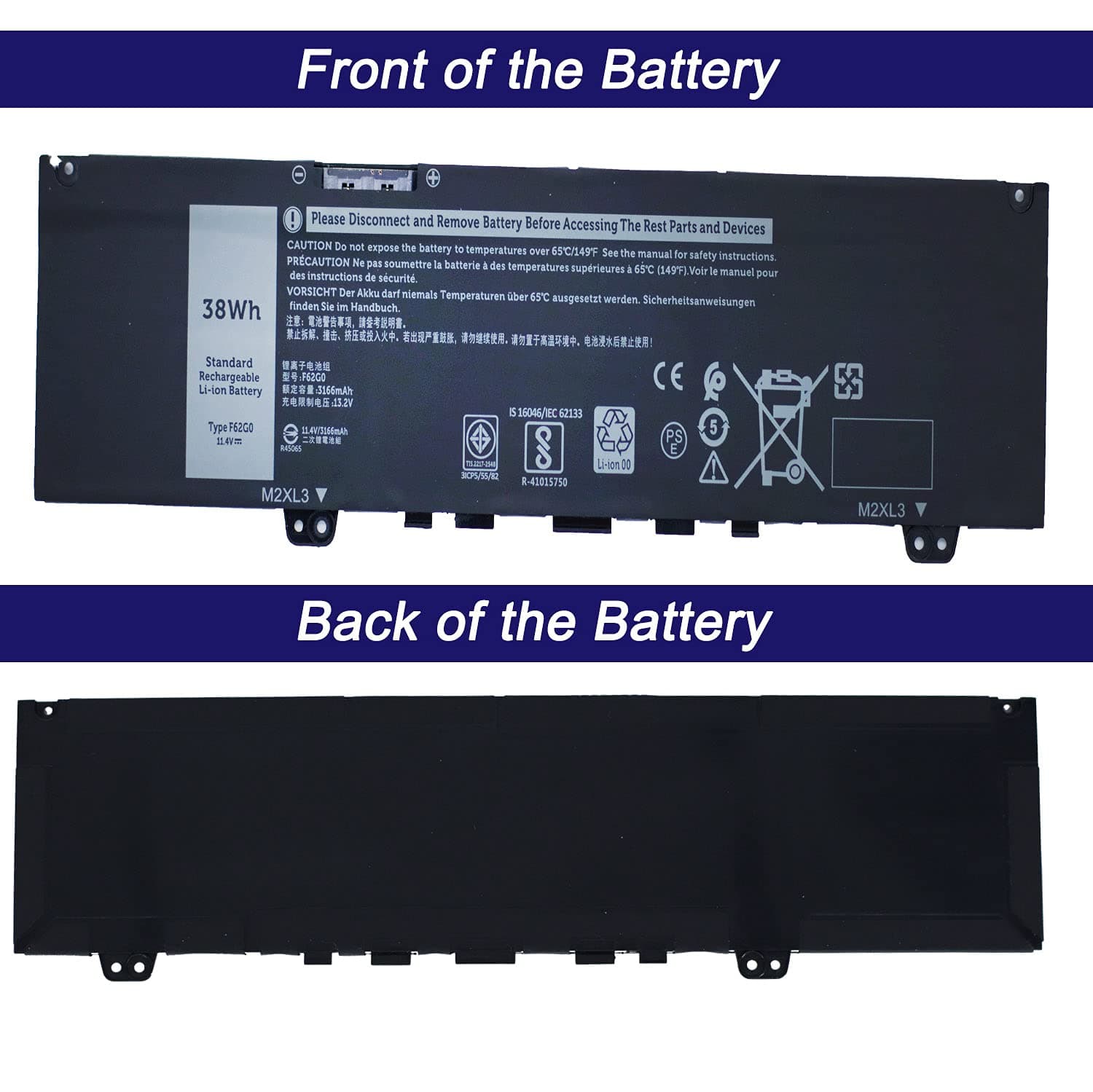 F62G0 38Wh Battery Replacement for Dell 13 7000 2-in-1 7370 7373 7380 7386 4370 P83G P87G P91G Vostro 5370 Series Laptop F62GO RPJC3 39DY5 11.4V 3166mAh