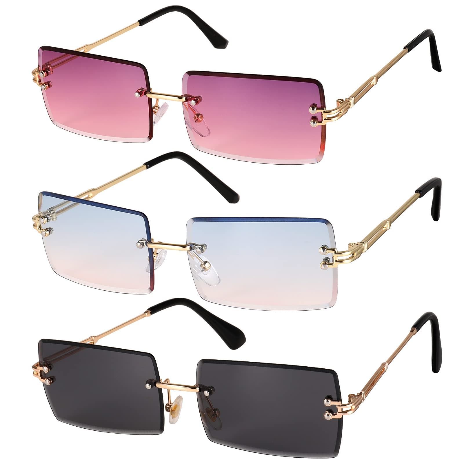 3 Pcs Square Rimless Sunglasses Fashion Frameless Glasses Eyewear Rectangle Transparent Glasses for Women Men (Random Color)