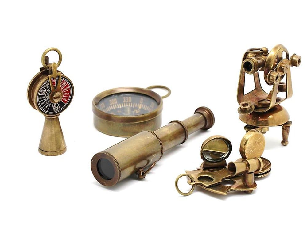 Set of 5 Brass Miniature Nautical Replicas–Vintage-Style Telescope, Compass, Sextant, Theodolite & Telegraph–Steampunk Decor & Collectible Gift Set for Teens, Adventure Seekers & Maritime Enthusiasts
