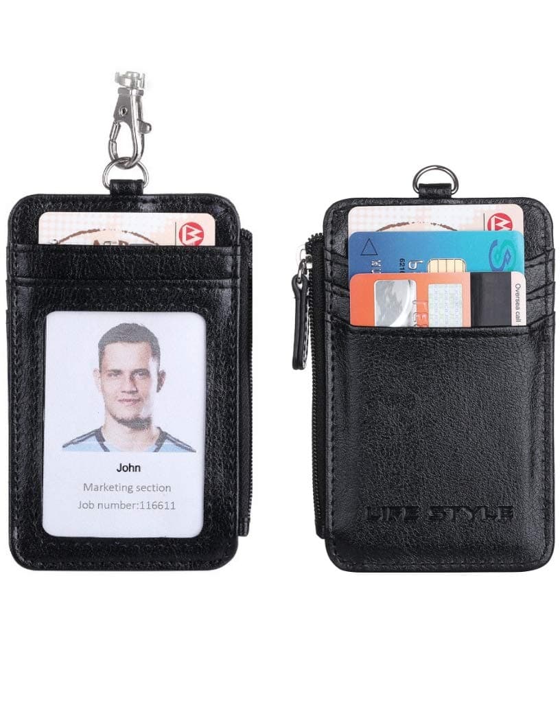 RFID Badge Holder with Zipper | PU Leather ID Badge Card Holder Wallet with 5 Card Slots | RFID Blocking On Both Sides | Detachable 18" Neck Lanyard/Strap for Work ID, School ID, Or Driver's License