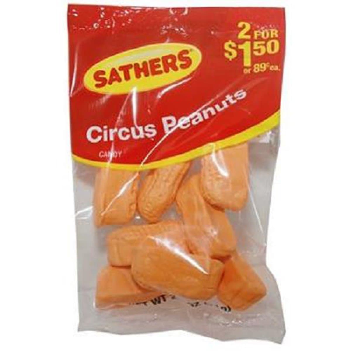 Sathers 2/$1.50 Circus Peanuts, 12 Count (SUGAR CANDY - PEG-BOARD BAGS)