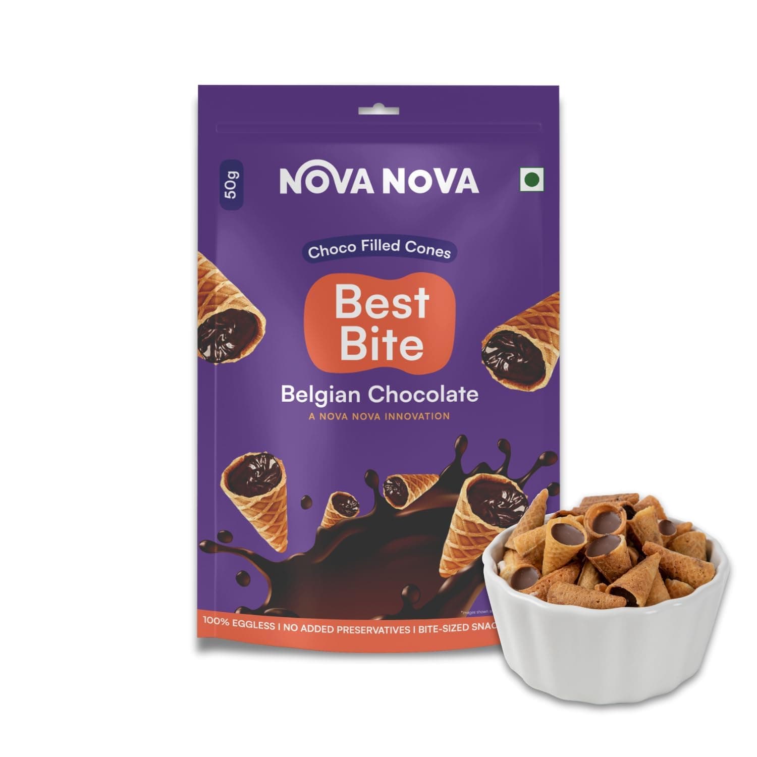Nova Nova Best Bite Choco Filled Cones | Belgian Chocolate | 100% Eggless | No Added Preservatives (50g)