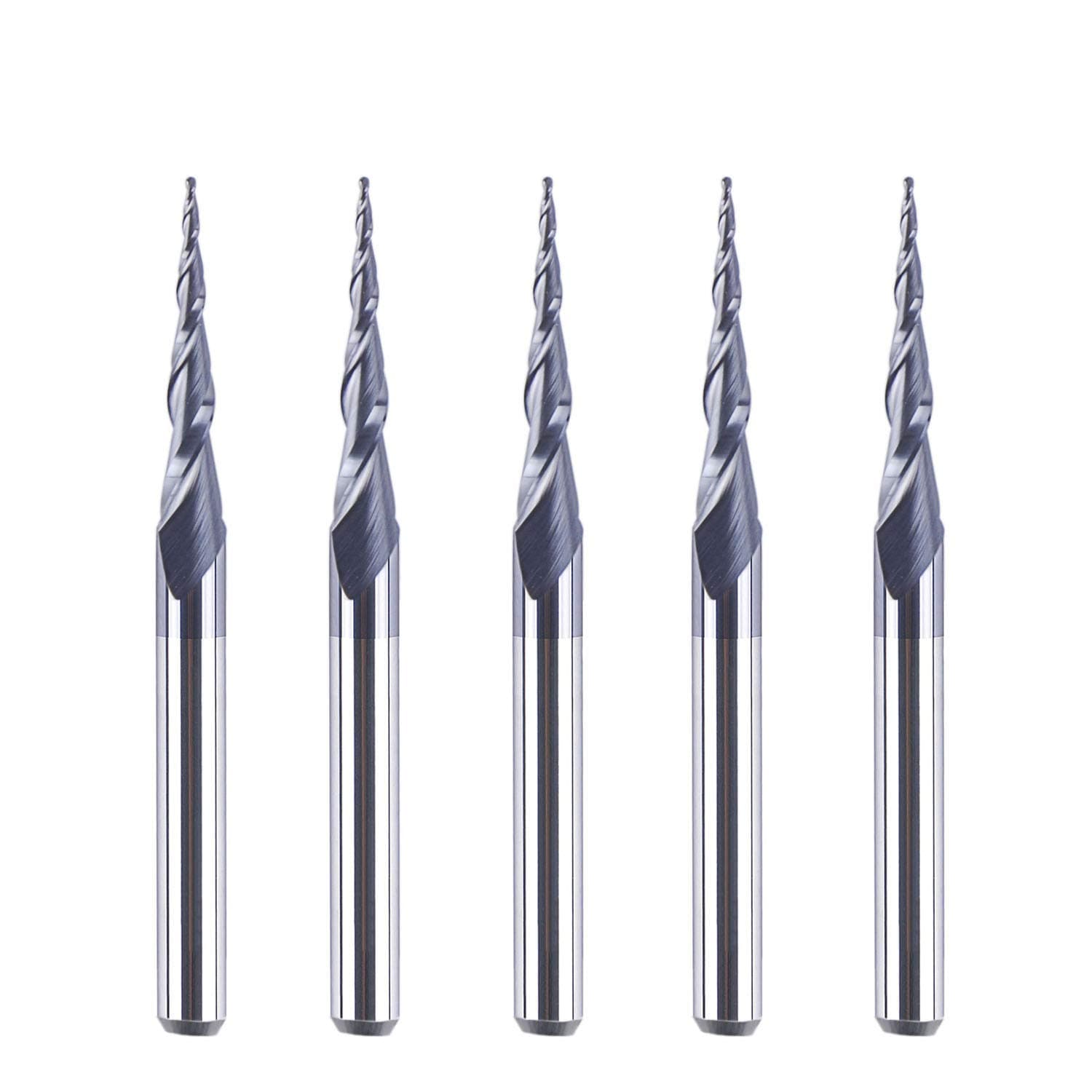 SpeTool 5Pcs Tapered Ball Nose Carving End Mill 1/8 inch Shank 0.25MM Radius (0.5MM Diameter) Tips 3D Woodworking Tool CNC Router Bits
