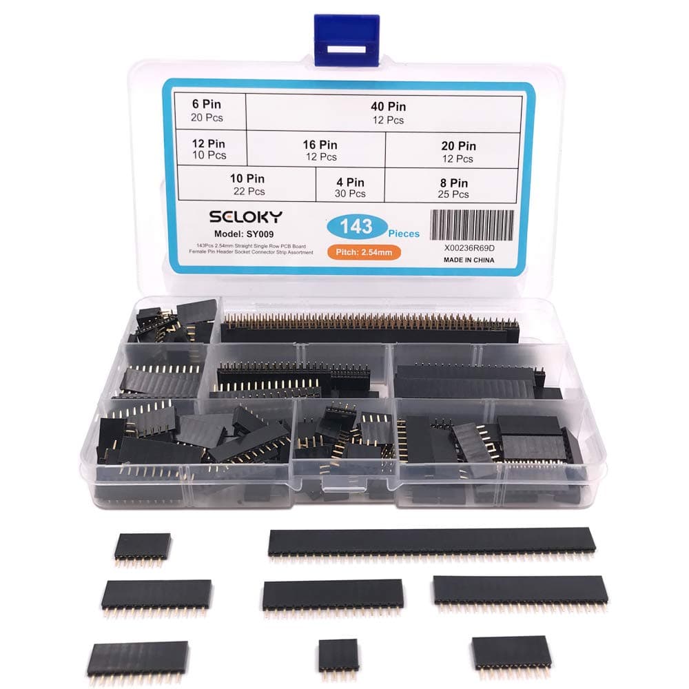 Seloky 143Pcs 2.54mm Straight Single Row PCB Board Female Pin Header Socket Connector Strip Assortment Kit for Arduino Prototype Shield(4Pin 6Pin 8Pin 10Pin 12Pin 16Pin 20Pin 40Pin