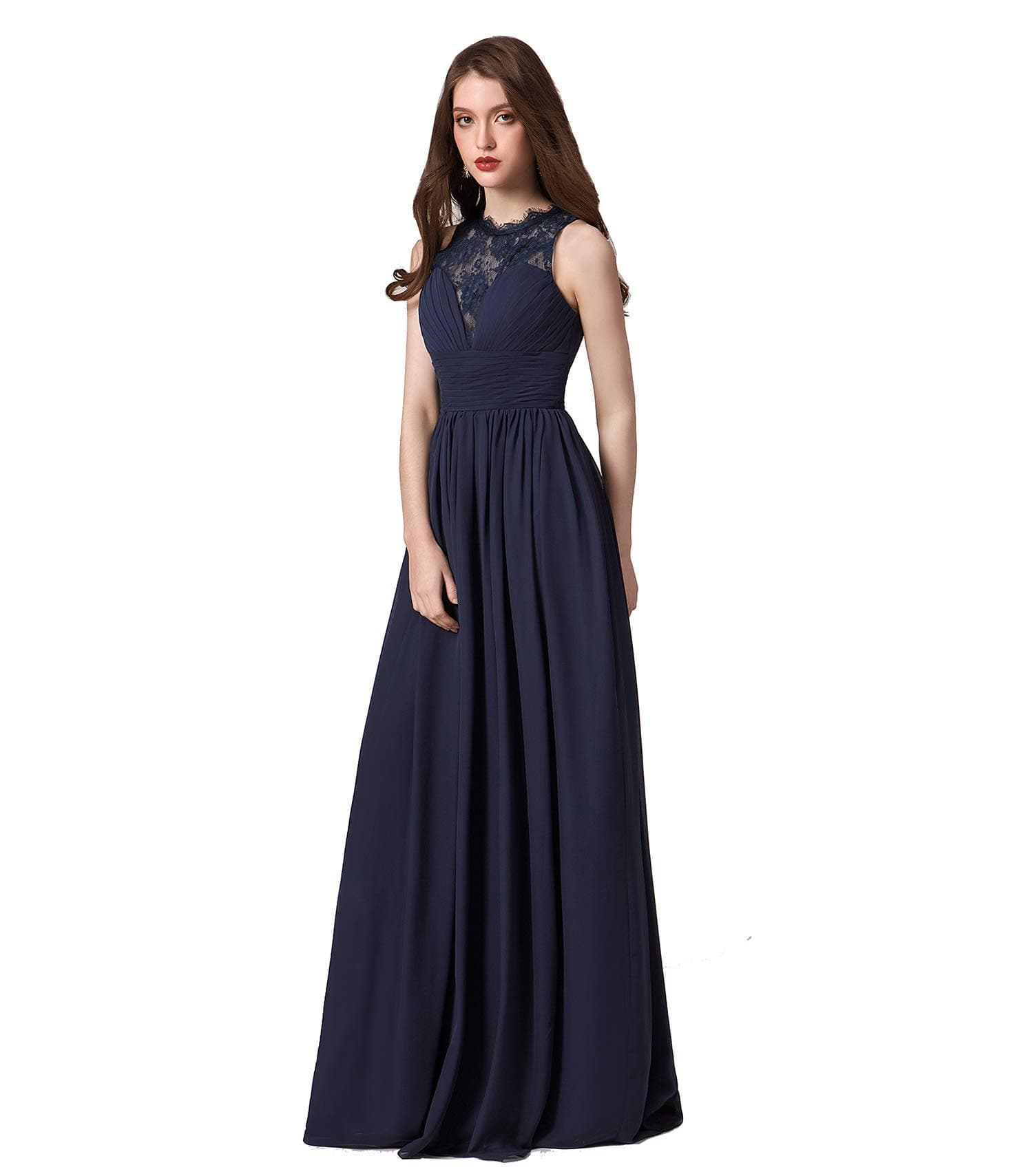 Engerla Women's Straps Jewel Lace Empire Sheath Long Chiffon Bridesmaid Dress(US12) Navy Blue