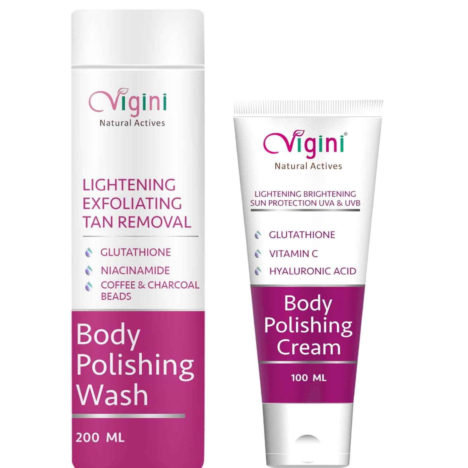 Vigini Exfoliating Pigmentation Dark Spots Dull Skin DeTan Dtan Removal Glutathione Coffee Scrub Body Wash & 1% Kojic Acid Vitamin C Lightening Brightening Moisturizer Body Cream Men Women 300 ml