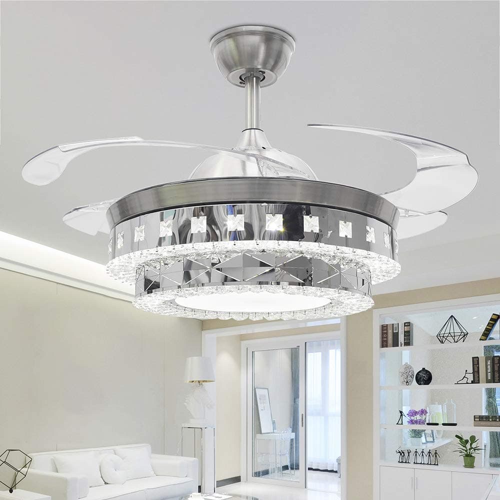Modern Crystal Ceiling Fan Lights 42 Inch with 4 Retractable Leaves and Crystal Lampshade Remote Control Fan Light Decorates for Home Living Room Dining Room Bedroom Indoor (Silver-06)