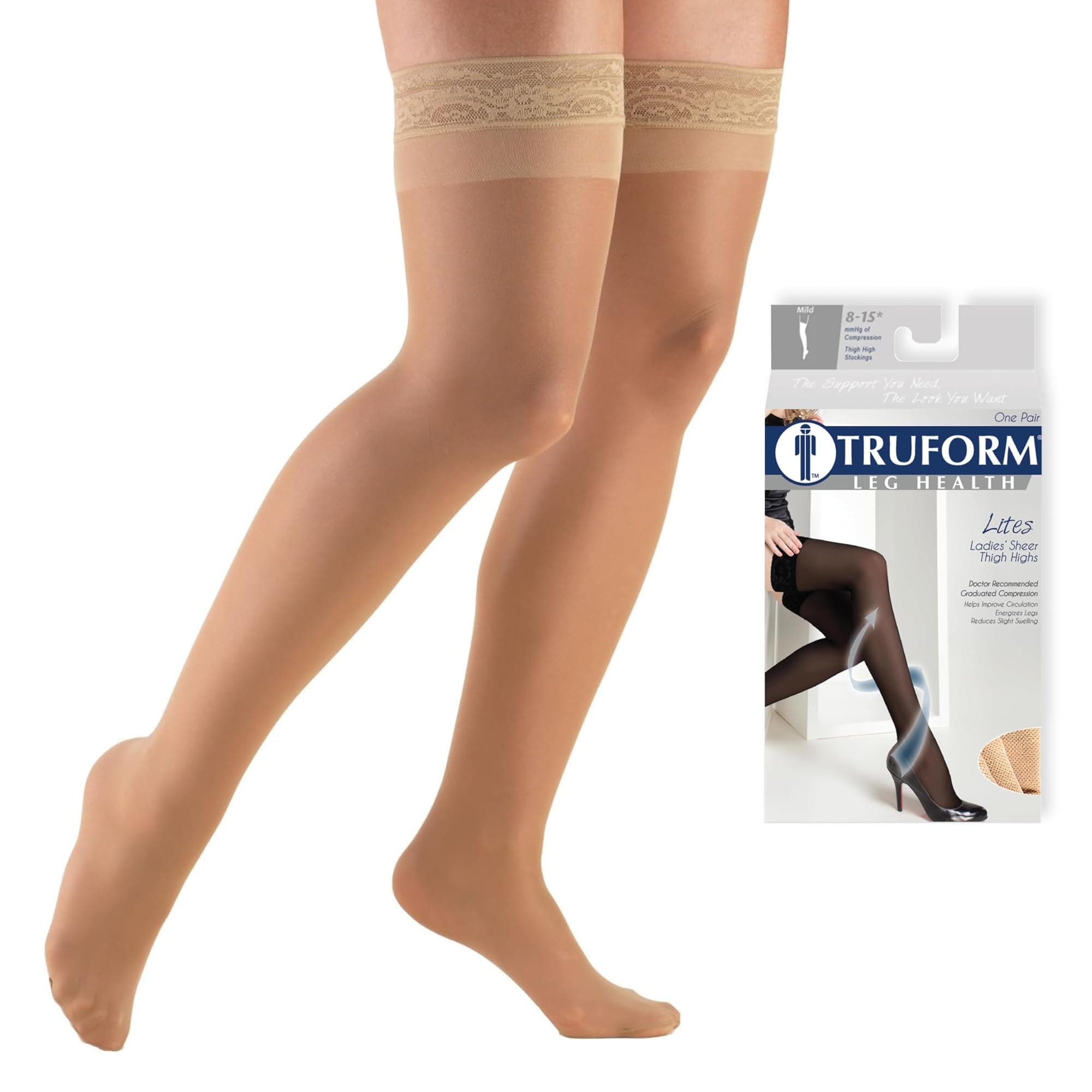 Sheer Compression Stockings, 8-15 mmHg, Women's Thigh High Length, 20 Denier, Beige, Large