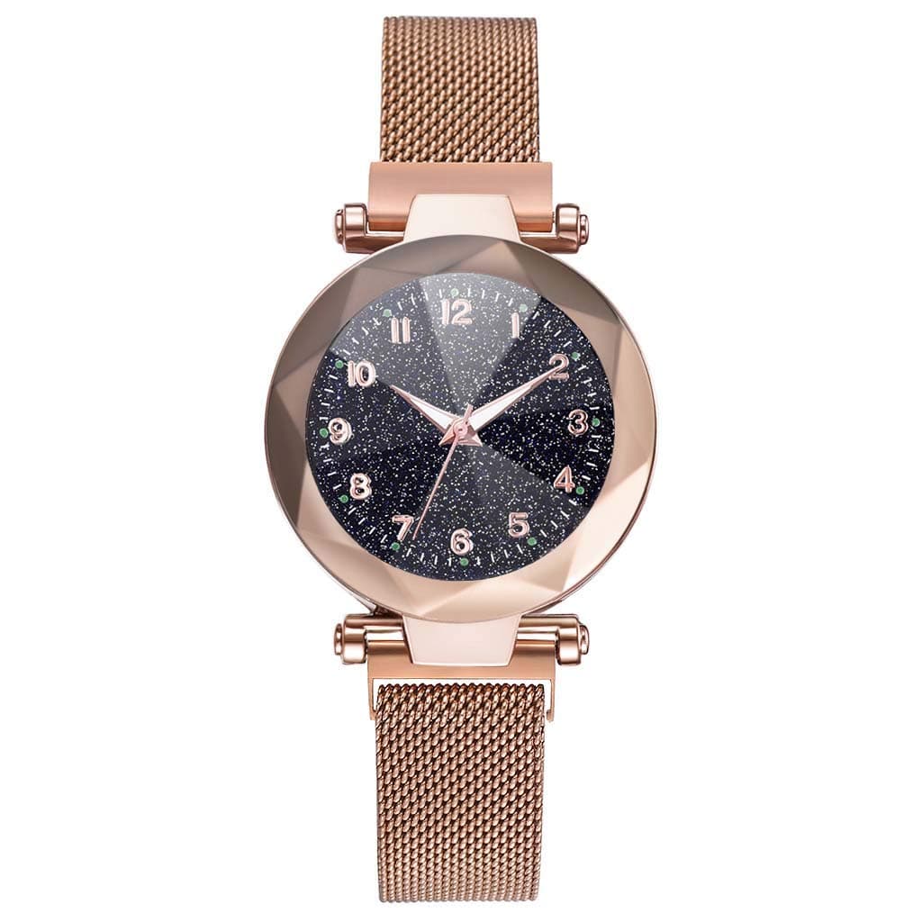 Women Watch - Women's Analogue Quartz Wrist Watch Starry Sky Convex Glass Quartz Mesh With Magnetic Buckle Ladies Watch (Rose Gold)