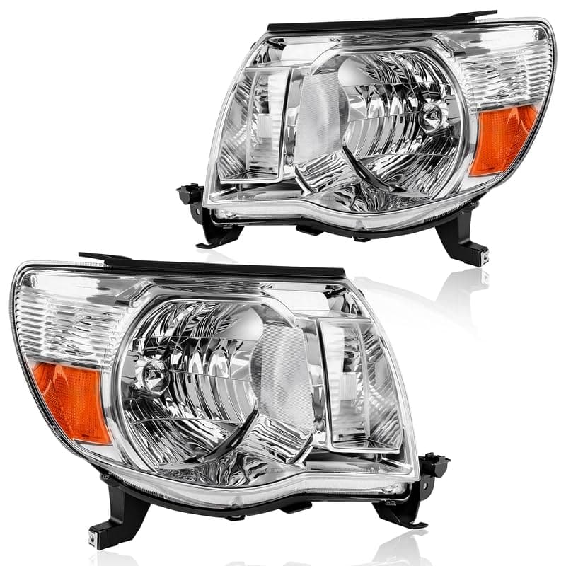 DWVO Headlight Assembly Compatible with 2005 2006 2007 2008 2009 2010 2011 Toyota Tacoma Pickup Truck OE Style Replacement Chrome Housing with Amber Reflector