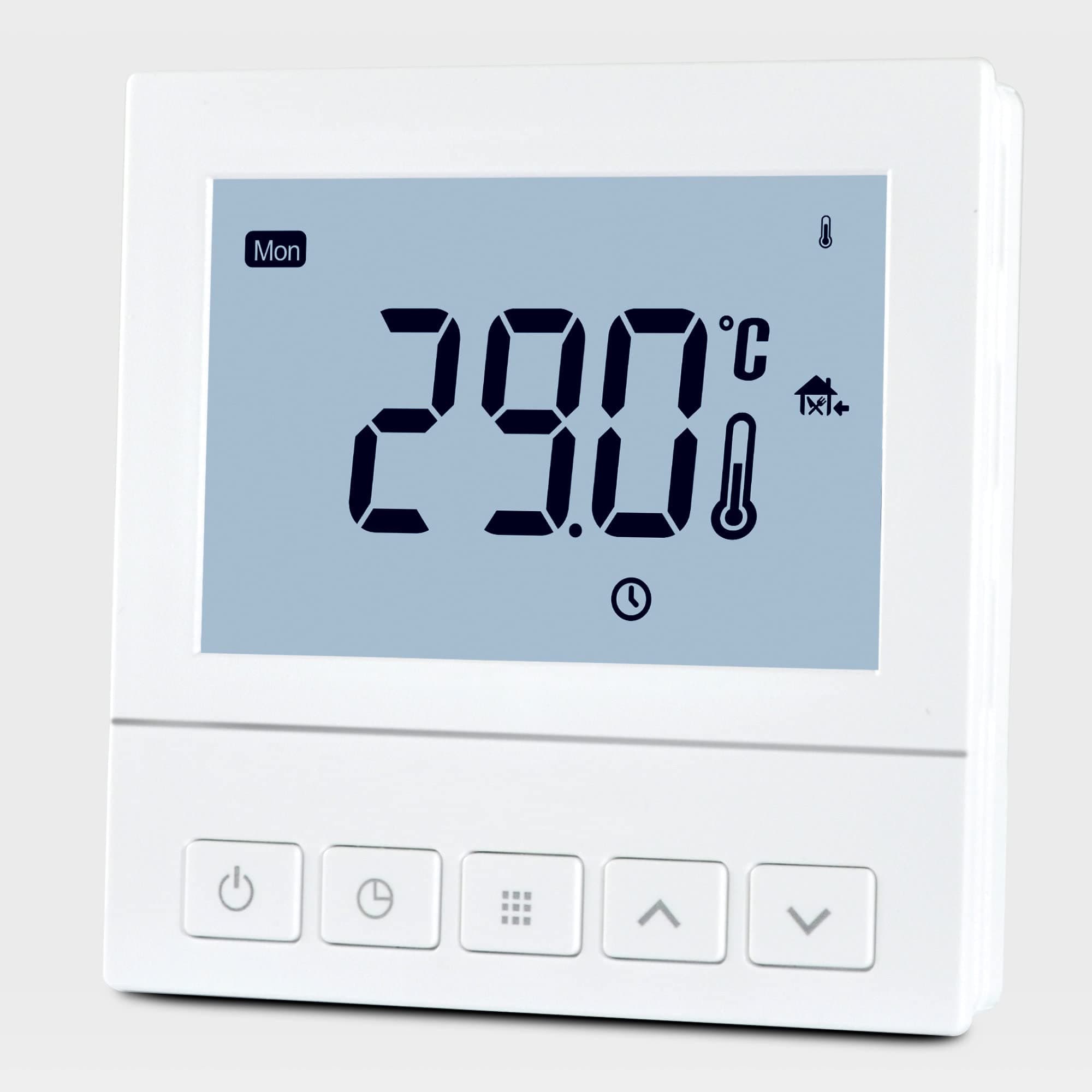 Water Underfloor Heating Thermostat Programmable 3 AMP Room Stat with Air Sensor Push Button in White Digital room stat with 5+2 day scheduling for customized temperature control.