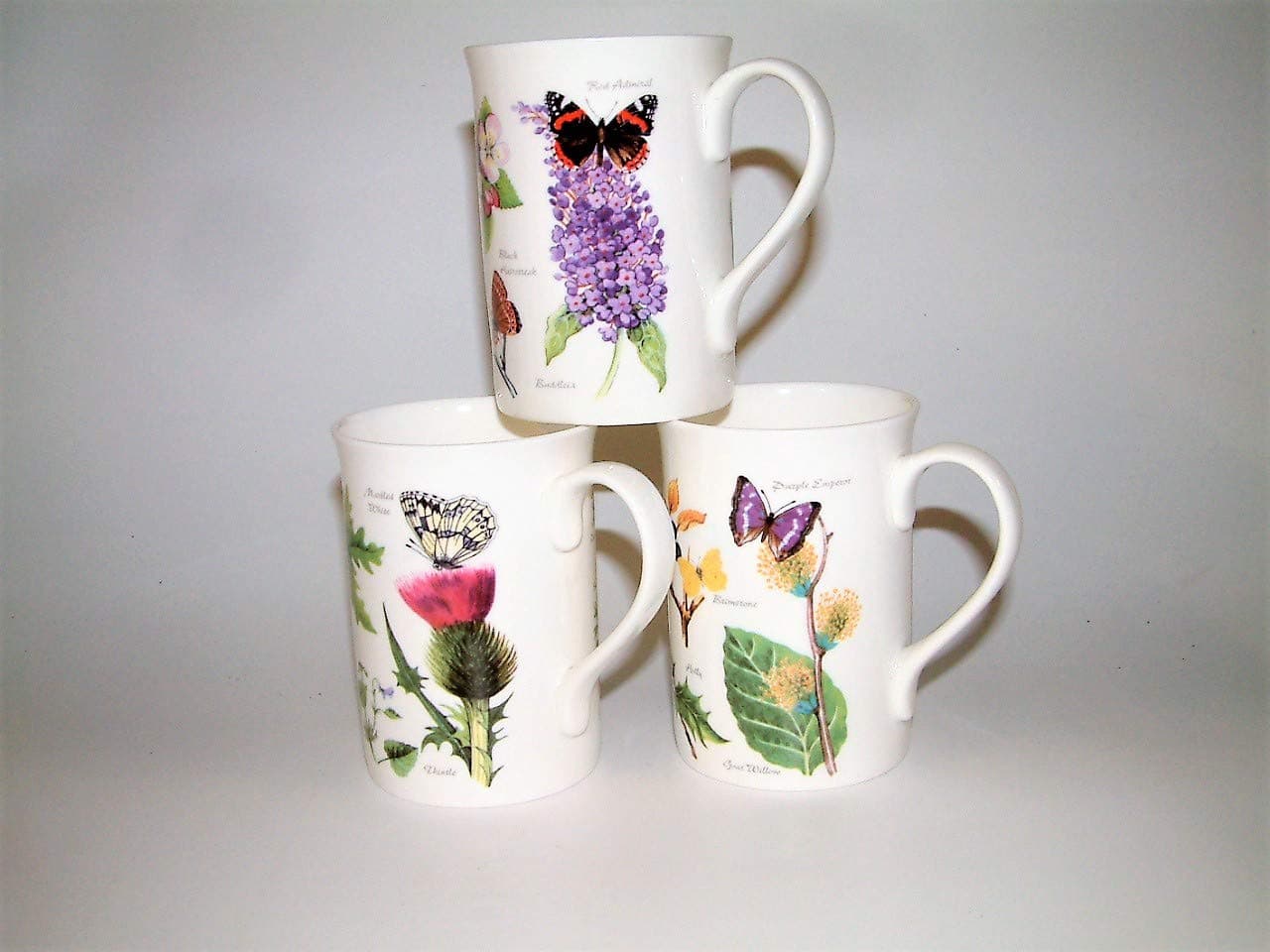 Bone China Mugs with Wild Flowers & Butterflies Design a Set of 3 Mugs Dishwasher Safe