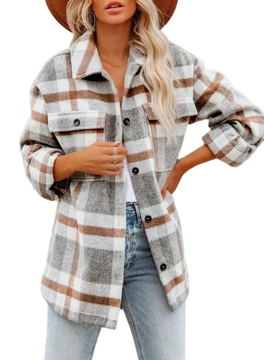 Women's Flannel Plaid Shacket Fall Winter Outfits Long Sleeve Button Down Shirts Jacket Coats with Side Pockets