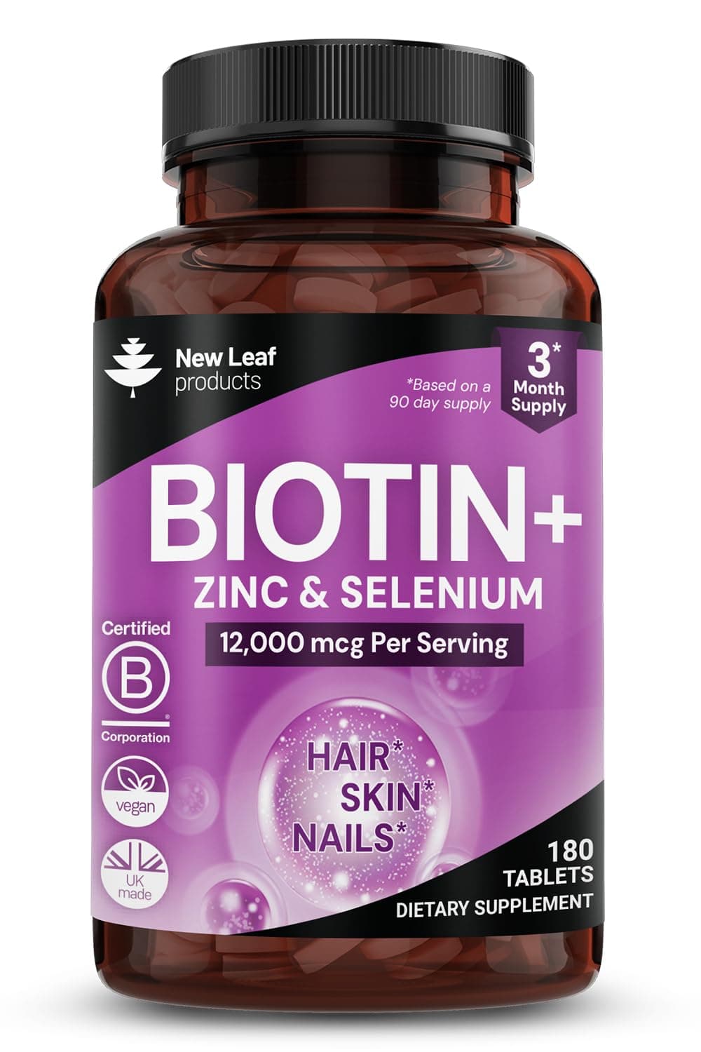 Biotin Hair Growth Vitamins 12,000mcg D-Biotin Tablets Enriched with Zinc & Selenium –Vegan Hair Skin & Nails Vitamins for Women and Men High Strength - 3 Months Supply UK Made - New Leaf
