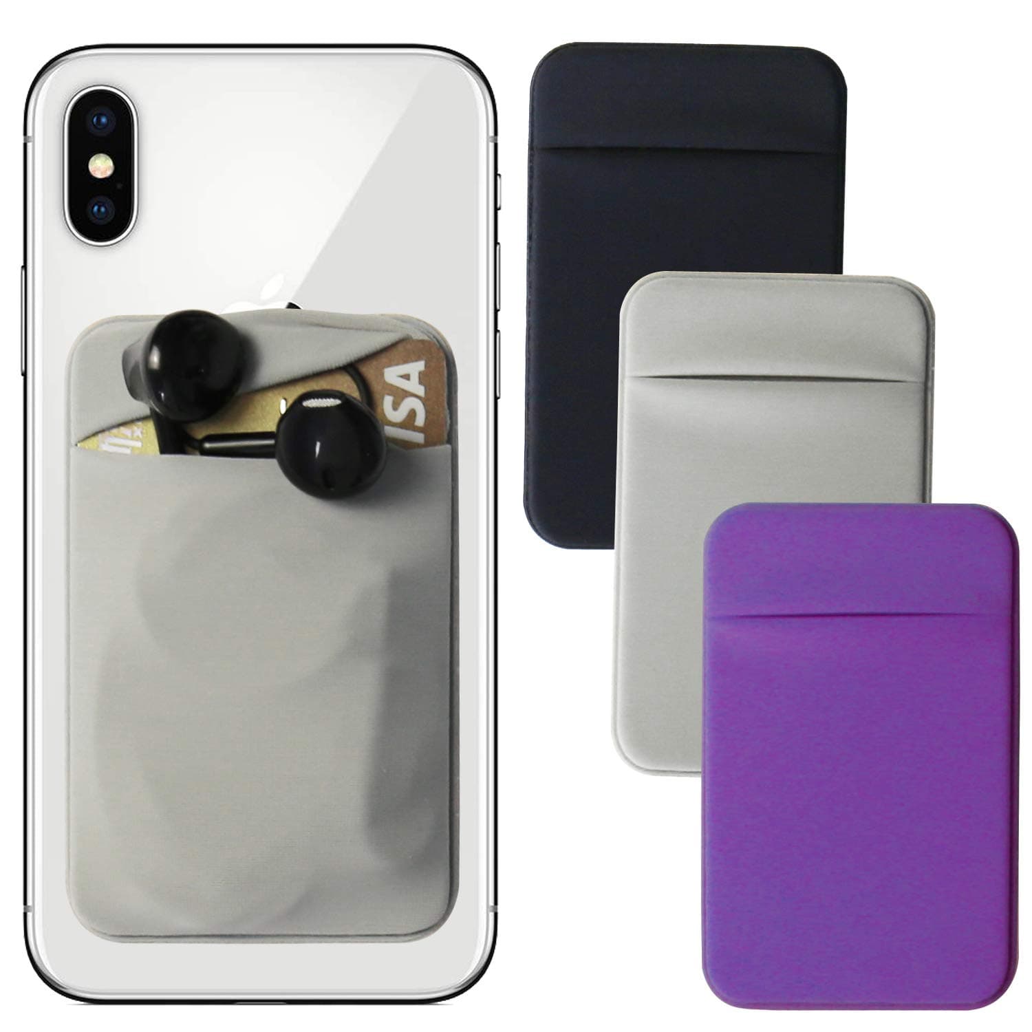 Cell Phone Stick on Wallet Card Holder,3 Pack Universal ID Credit Card Wallet Pocket Pouch Cash Slot,Strong Adhesive Slim Sticker for Android,iPhone,Smart Phone,Purple,Black,Gray