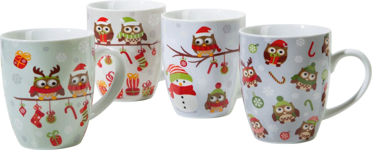 Gepolana Coffee Mugs Owl, Snowman, Winter, Pack of 4, Porcelain, Dishwasher Safe, Microwave Safe