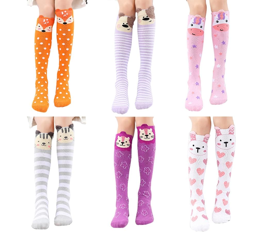 Girls Knee High Long Socks for Child 6 Pairs Fun Animal Pattern Tall Crazy Cute Girls Gift Boot Funny Kids Socks, One Size