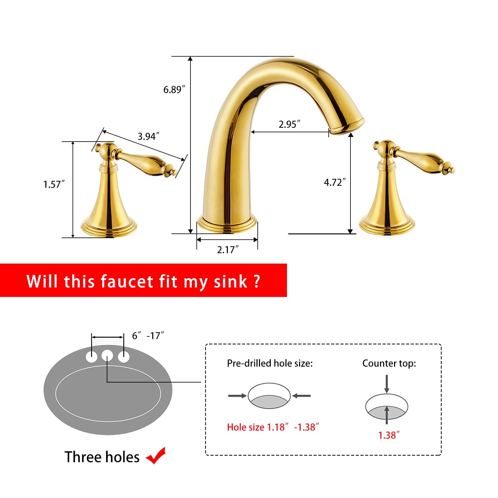 SaniteModar Polished Gold Bathroom Sink Faucet,Brass Bathroom Faucet 3 Hole,Widespread Bathroom Faucet for Sink 3 Hole,2 Handles Design with Water Supply Lines