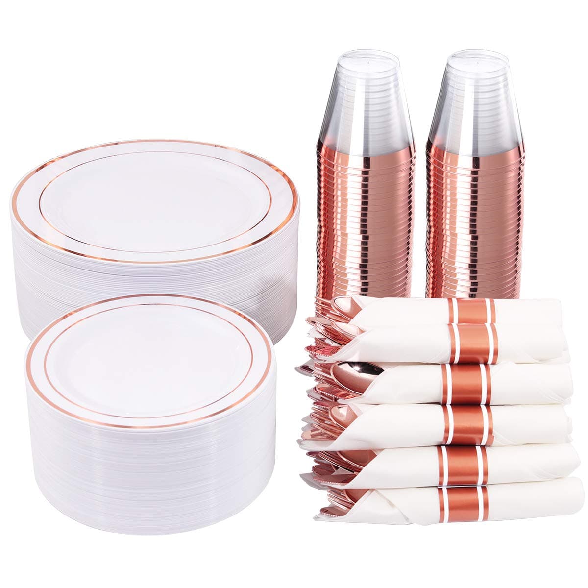 WELLIFE 350 Pieces Rose Gold Plastic Dinnerware, 50 Guests Disposable Plates with Rose Gold silverware and Cups 9 OZ, 50 Pre Rolled Napkins with Rose Gold Cutlery, Perfect for Wedding