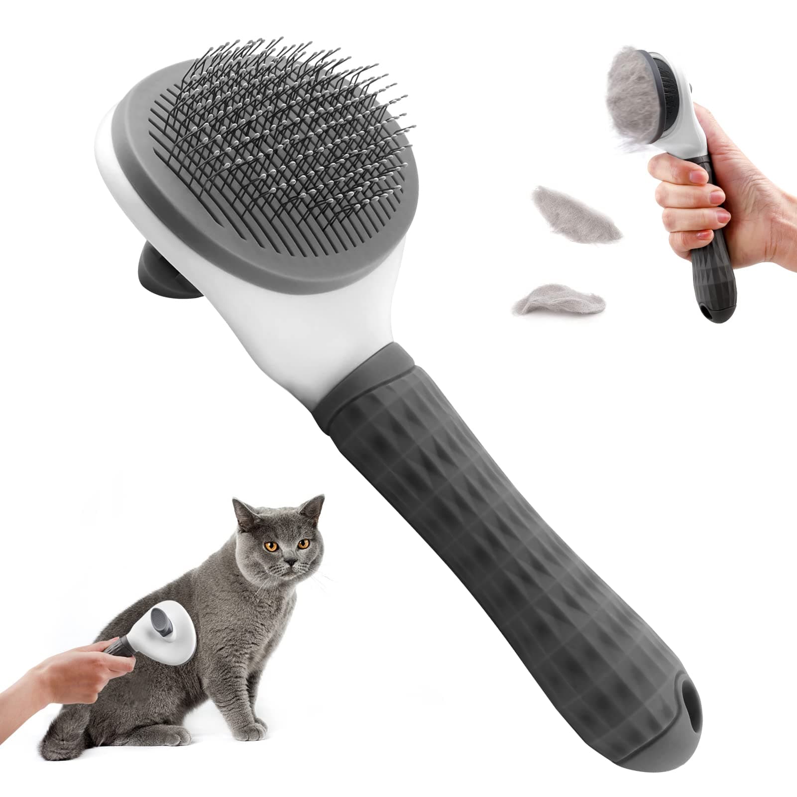 Cat Brush Dog Brush, Slicker Cat Dog Brushes for Grooming, Self Cleaning Dog Cat Grooming Brush with Smooth Handle, Pet Grooming Tool Cat Dog Massage Clean Tangled Brush (Grey)