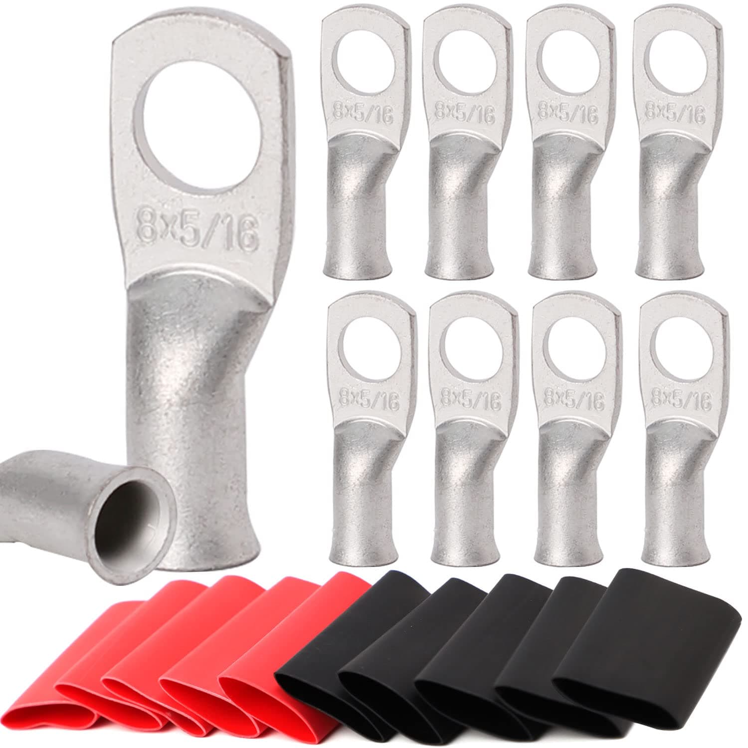 TKDMR 10pcs 8 Awg-5/16 Ring Marine Grade Copper Wire Lugs,with 3:1 Heat Shrink Tubing,UL Battery Cable Ends,Heavy Duty Cable Lugs,Tinned Copper Eyelets,Tubular Ring Terminals