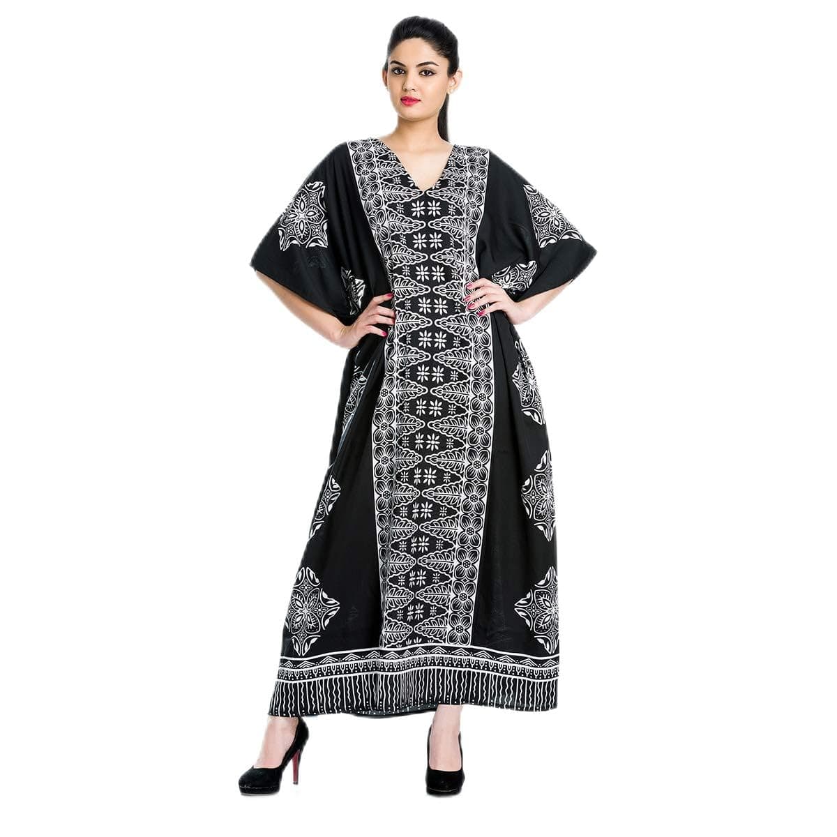 Gypsie Blu Black and White Plus Size Kaftan Dress Tunic Long Maxi Kimono Caftan Gown Beach Dress (Black and White)