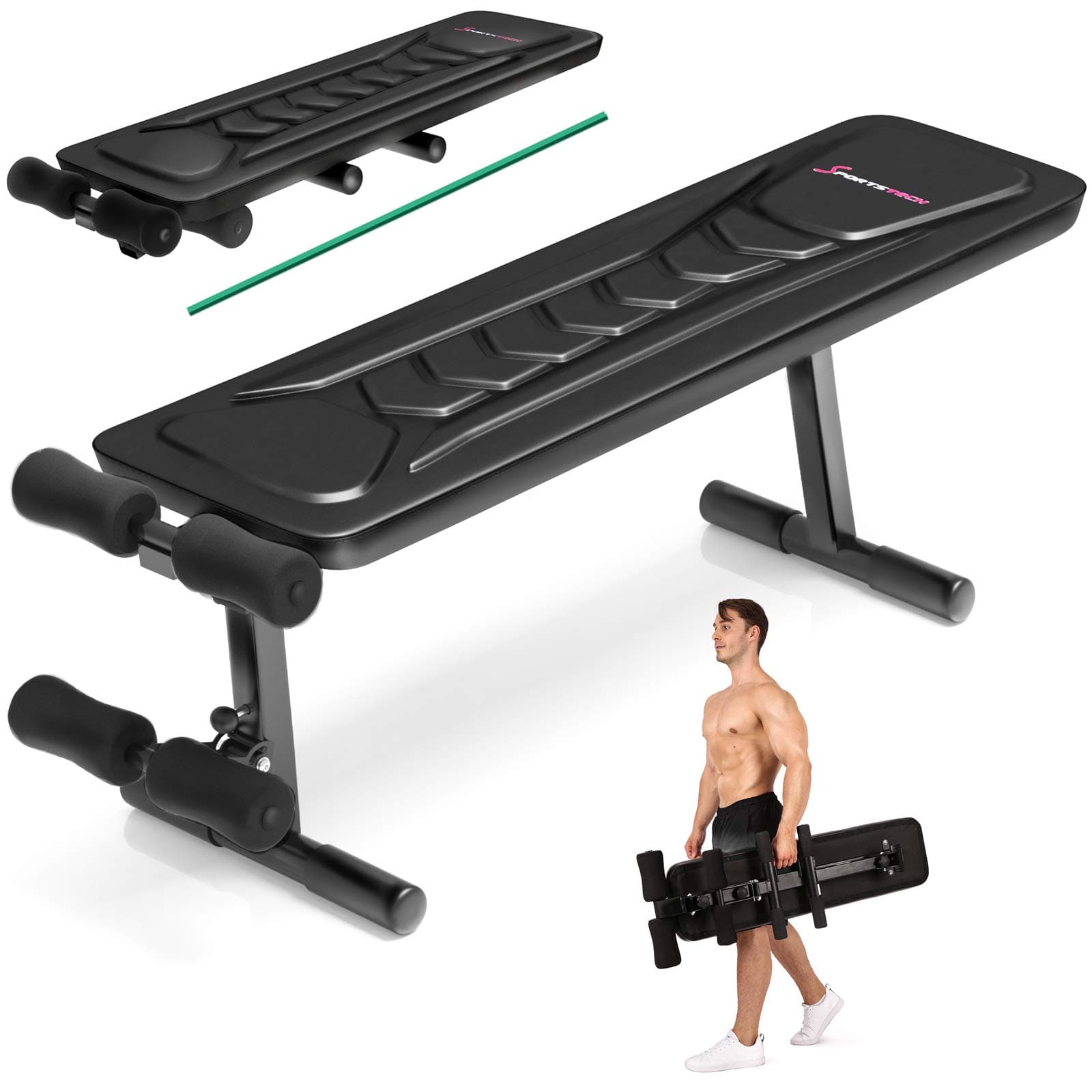 Sportstech Innovative 18in1 Weight Bench with Carrying Handle, BRT100 Flat Bench, Unique Design, Eva Padding Material, Folding Fitness Bench, Intelligent Folding System, Abs Trainer, Anti-slip Feet