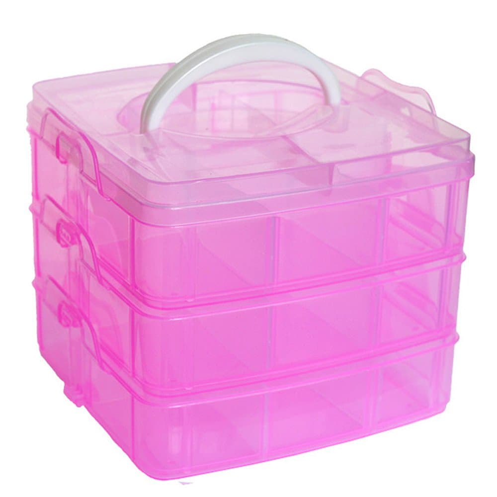 Guoxn Box Organizer with Handle, 3-Layers Adjustable Dividers,Portable Storage Container for Jewelry，Bead Storage, Fishing Tackle, Jewelry, Screws (Hot Pink)