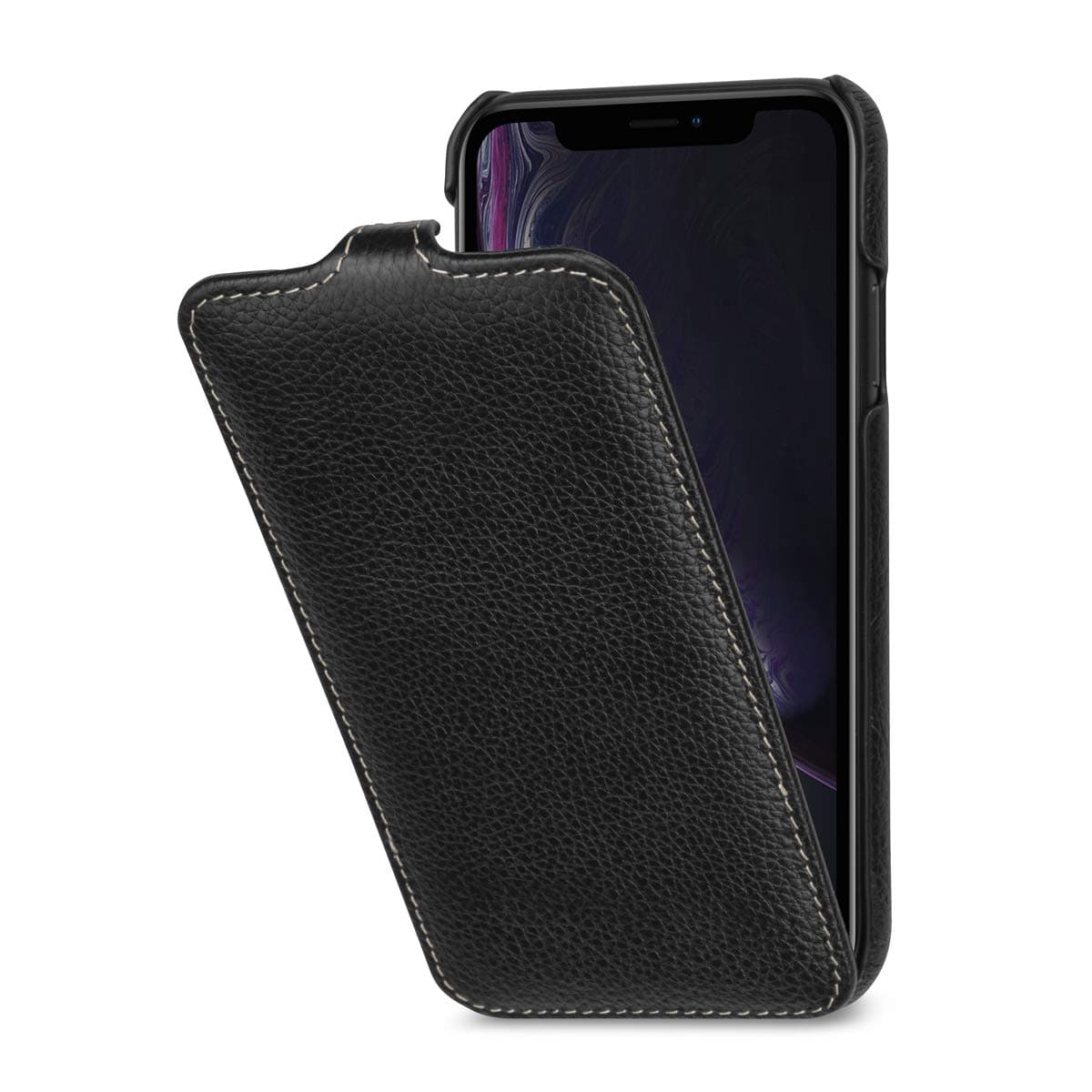 StilGut Slim Vertical Flip Case for iPhone XR, Genuine Leather iPhone XR Case, Black