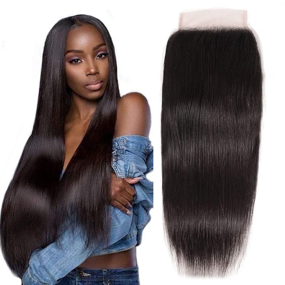 9A Brazilian Virgin Hair Straight Human Hair 4x4 Lace Closure Free Part Brazilian Human Hair Extensions Unprocessed Hairpieces for Wigs Natural Black 16"