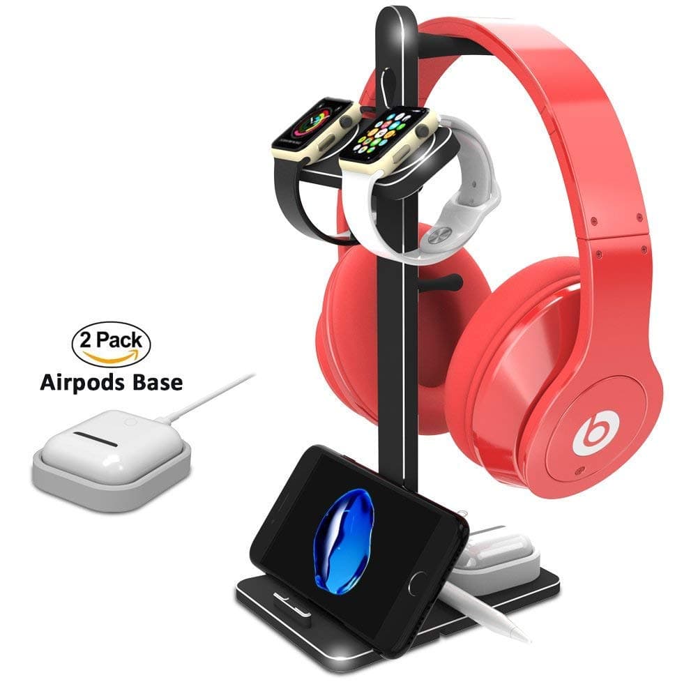 ATOPHK Double Watch Charging Stand Aluminum Charging Station Headphone Stand Holder for Airpods Smart Phone XS Max/XS/XR/X/8/8 Plus/7/7 Plus/Watch Series 4/3/2/1 (44/42/40/38 mm) Black