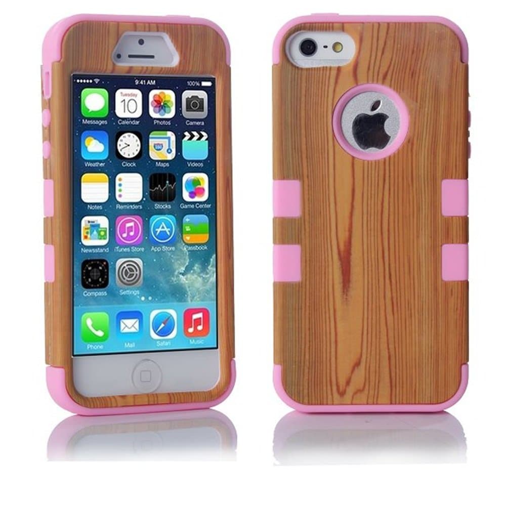 iPhone 5S Case, LERBO Hard Wood With Silicone Design Hybrid case for iphone5 5S(Pink)