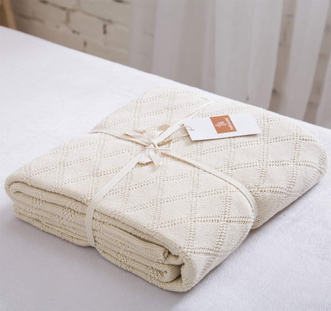 Cotton Cable Knit Throw Blanket for Couch Chairs Beach Sofa, Home Beige Decorative Blanket, Cream 50 x 60 inches