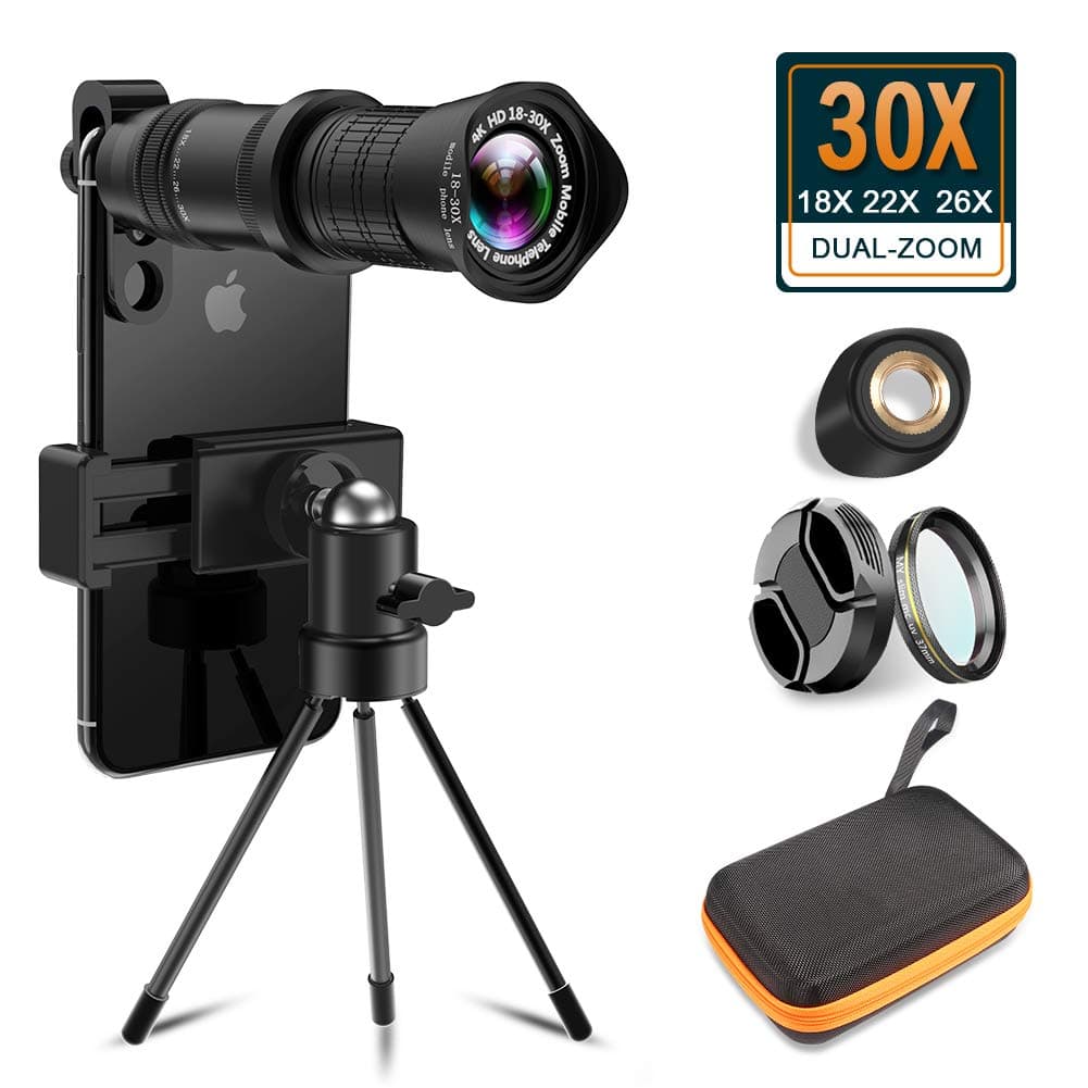 Aokin 30x Cell Phone Camera Lens, 18x to 30x Telephoto Zoom Lens Dual Focus HD 4K, Free UV Lens Detachable Clamps Strong Tripod Portable Package for iPhone XR,XS MAX,XS,X,8,7,6,6s Plus Smartphone