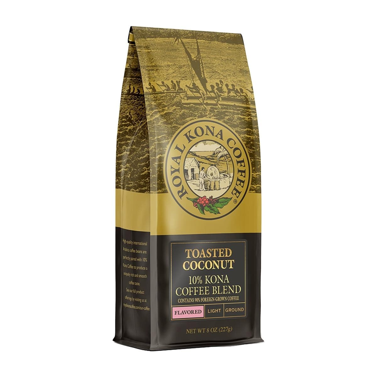 Royal Kona Coffee for Royalty TOASTED COCONUT, 10% KONA Coffee Blend, All Purpose Grind, 8 Ounce Bag