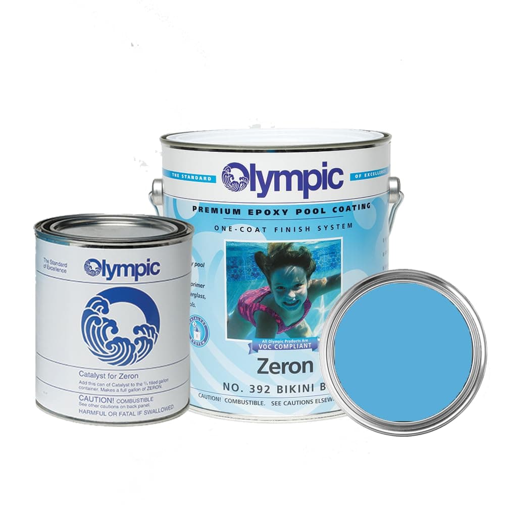 - Olympic Pool Paint - Zeron - Bikini Blue - 1 Gallon - two-part epoxy swimming pool paint - one-coat for plaster, fiberglass, steel and aluminum pools.
