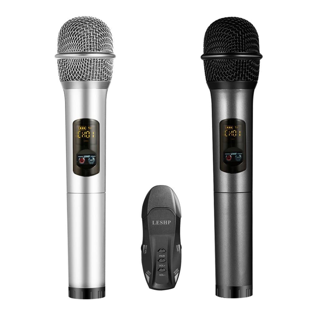 LESHP Dual Wireless Karaoke Microphones Set with Receiver Box, LED Display Various Frequency Full-Metal Microphone Best for Indoor Outdoor PC/TV/Computer Speaker/Power Amplifier Home KTV(Silver+Grey)