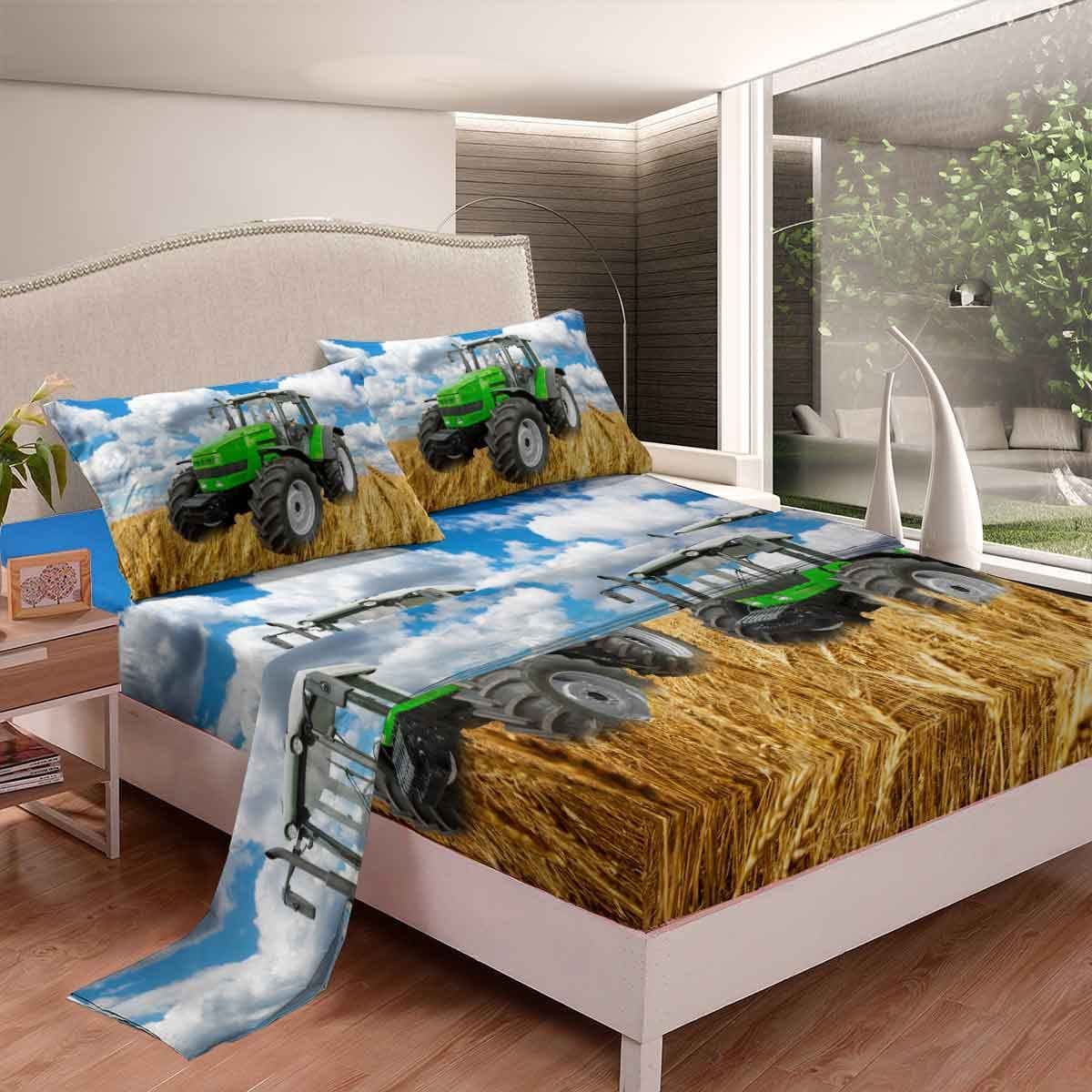 Vehicles Bed Sheet Set Tractors Bedding Sheets Heavy Machinery Cars Fitted Sheet for Kids Boys Men Farmhouse Country Style Bed Cover Room Decor with 1 Flat Sheet+ 1 Fitted Sheet+ 1 Pillowcase Twin