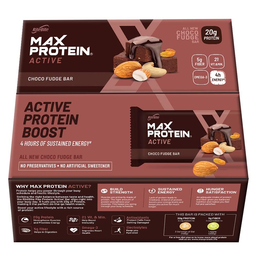 Active Choco Fudge Protein Bars with 20g Protein, 5g Fiber & 21 VIT. & Minerals | No Cholesterol & Trans Fat for Upto 4h of Energy, Healthy Snack, 75g (Pack of 12)