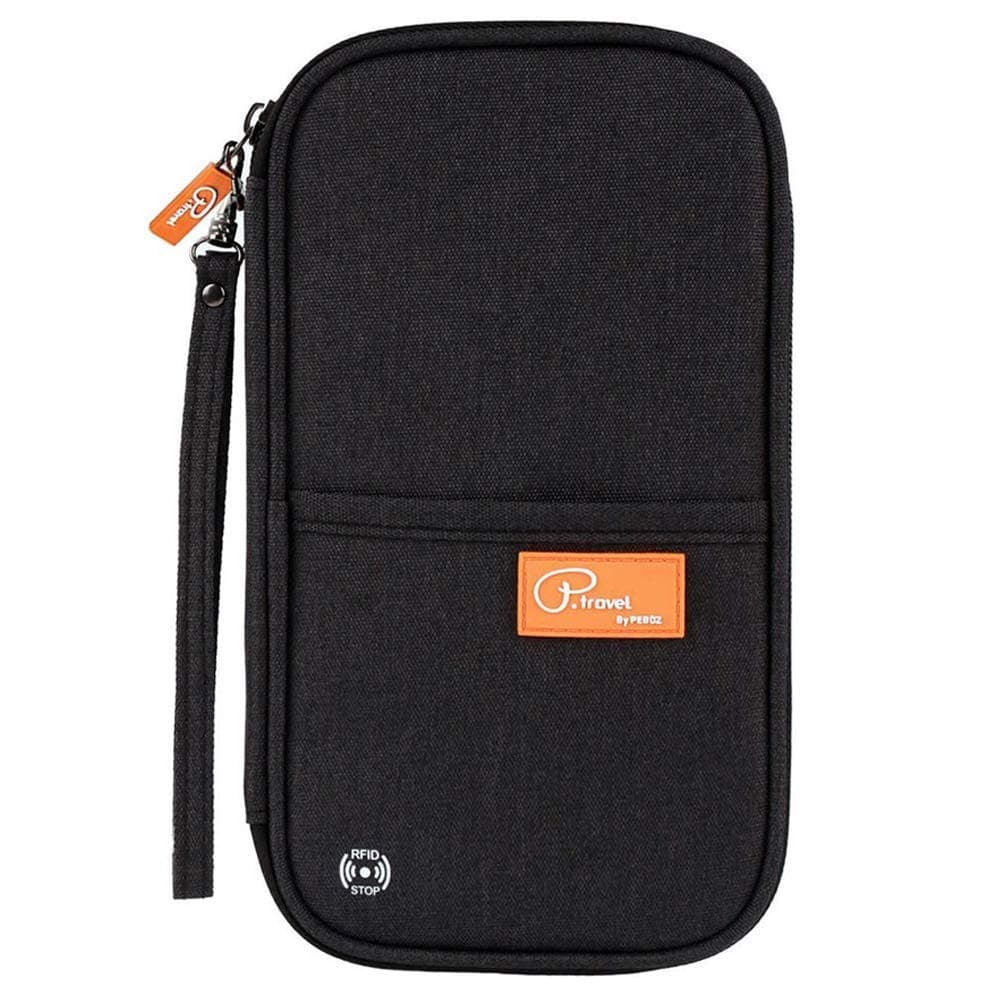 RFID Blocking Travel Wallet Passport Holder Document Orgnazier Pouch with Zip Closure and Strap for Women Men Family Traveling(Black)