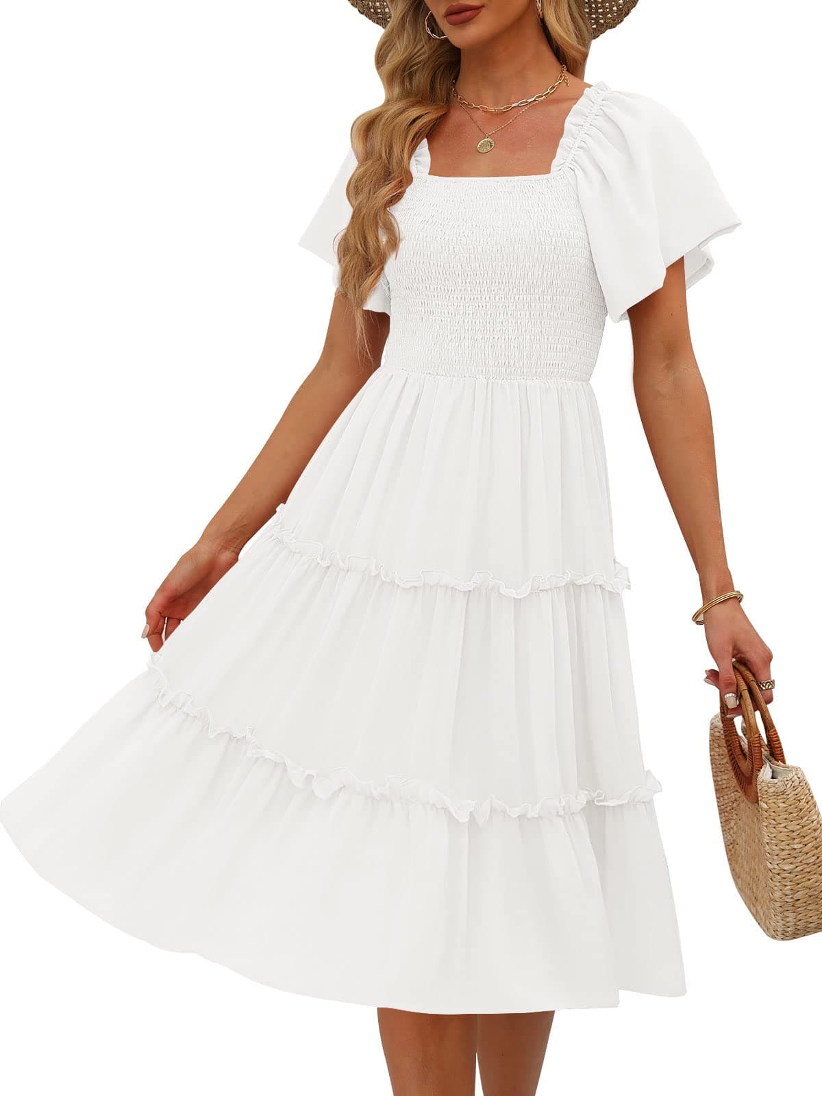 LILLUSORYWomen's Summer Casual Flutter Sleeve Square Neck Smocked Midi DressOEKO-TEX STANDARD 100