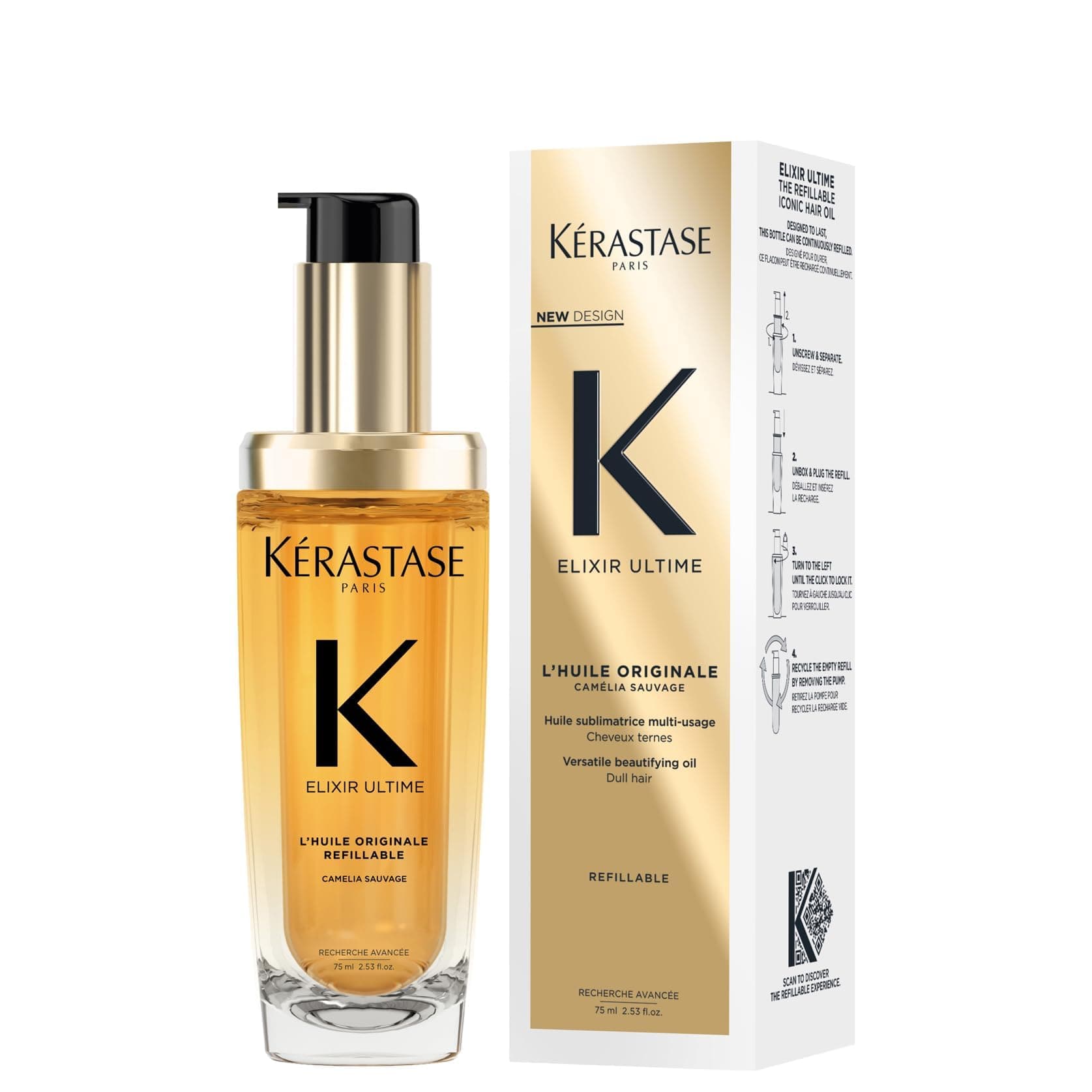 Kérastase Elixir Ultime Hair Oil, Nourishes Dull Hair, For All Hair Types, Strengthens and Protects Hair From Heat, With Argan and Camellia Oil, L'Huile Originale