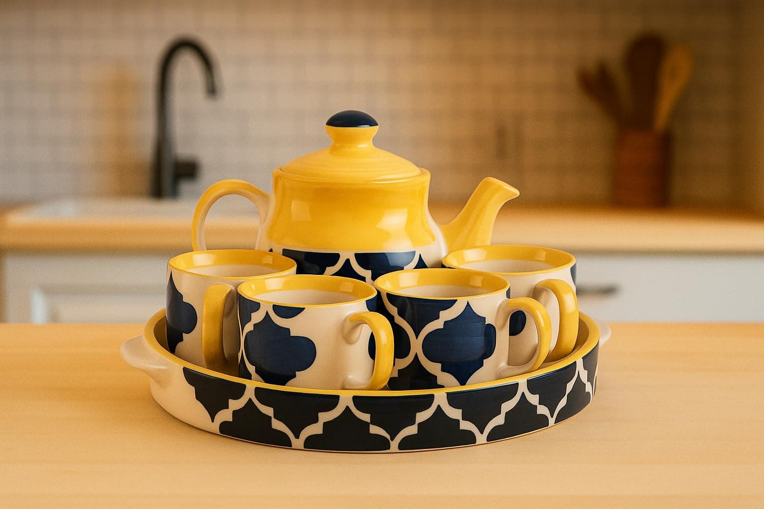 HS Hindustani Saudagar Microwave Safe Hand Made Handpainted 4 Cups 1 Kettle and 1 Tray Tea Set Excellent Gift For Any Occasion: Holidays, Anniversaries, Appreciation