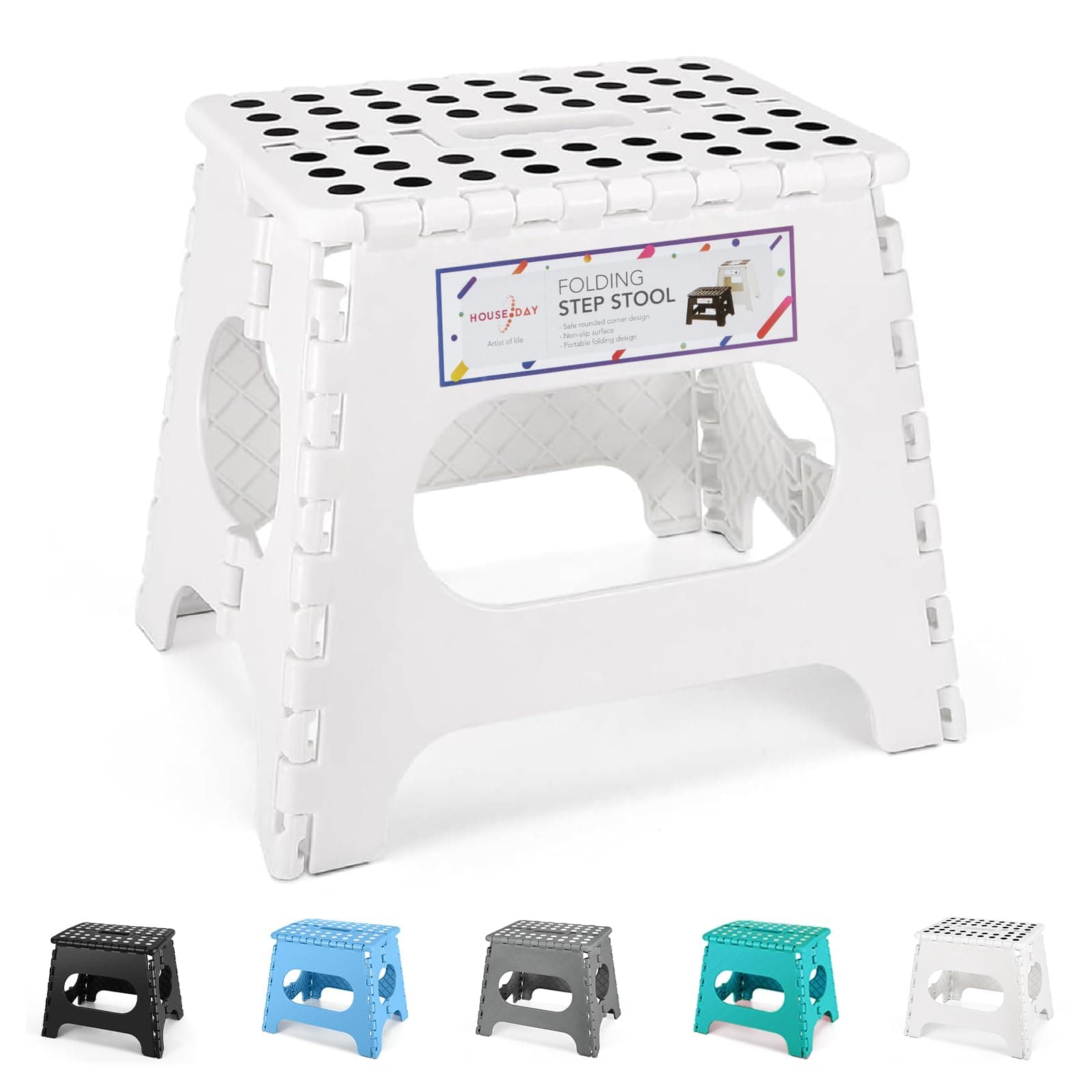 HOUSE DAY 11 Inch Folding Step Stool for Kids- Heavy Duty Plastic Step Stool for Adult Foldable Stools Sturdy Kitchen Step Skid Resistant Folding Stools for Bedroom/Bathrooom-White
