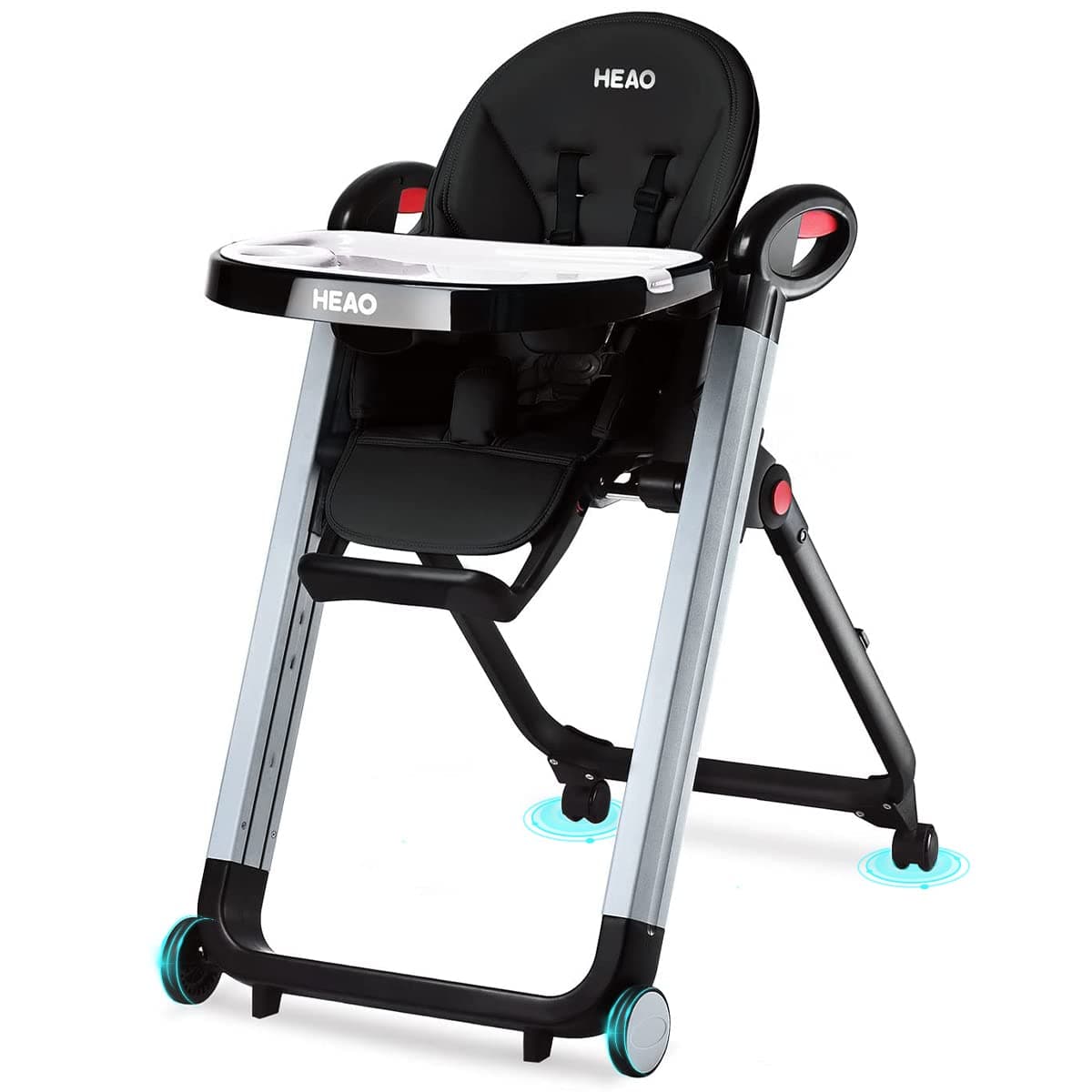 HEAO High Chair for Babies & Toddlers, Foldable Highchair with 7 Different Heights,5 Reclining Seat Position and 3-Setting Footrest, Detachable Trays & Seat Cushion, 4 Wheels with Locks