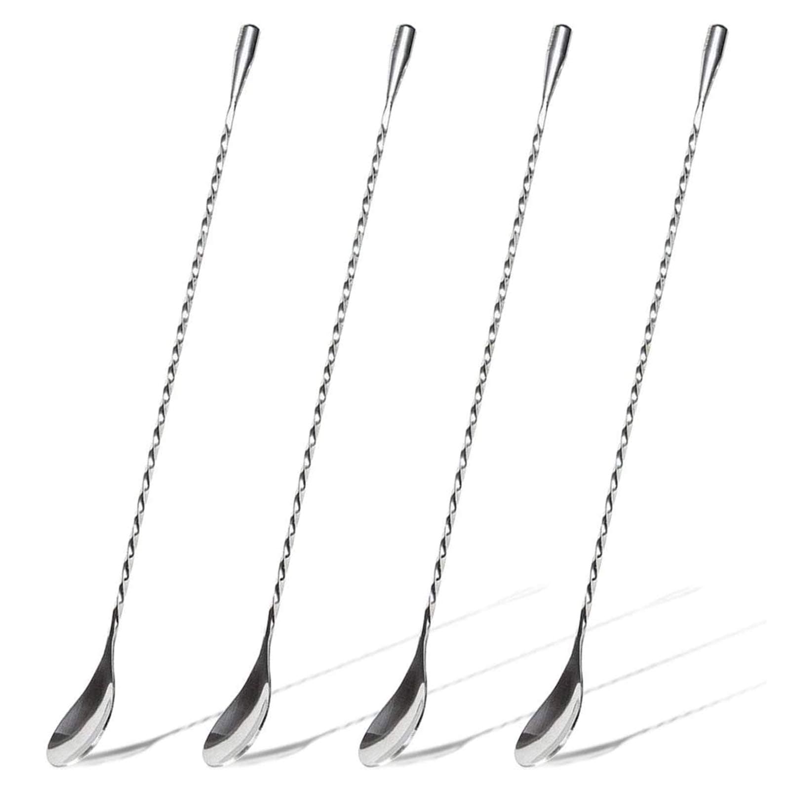 4PCS Cocktail Stirrers, 304 Stainless Steel Long Handle Mixing Spoon Teaspoons Shaker Spoons Tea Drink Mixer Latte Glasses Stirrer for Bar Home DIY Coffee Design, Silver 11.85inch